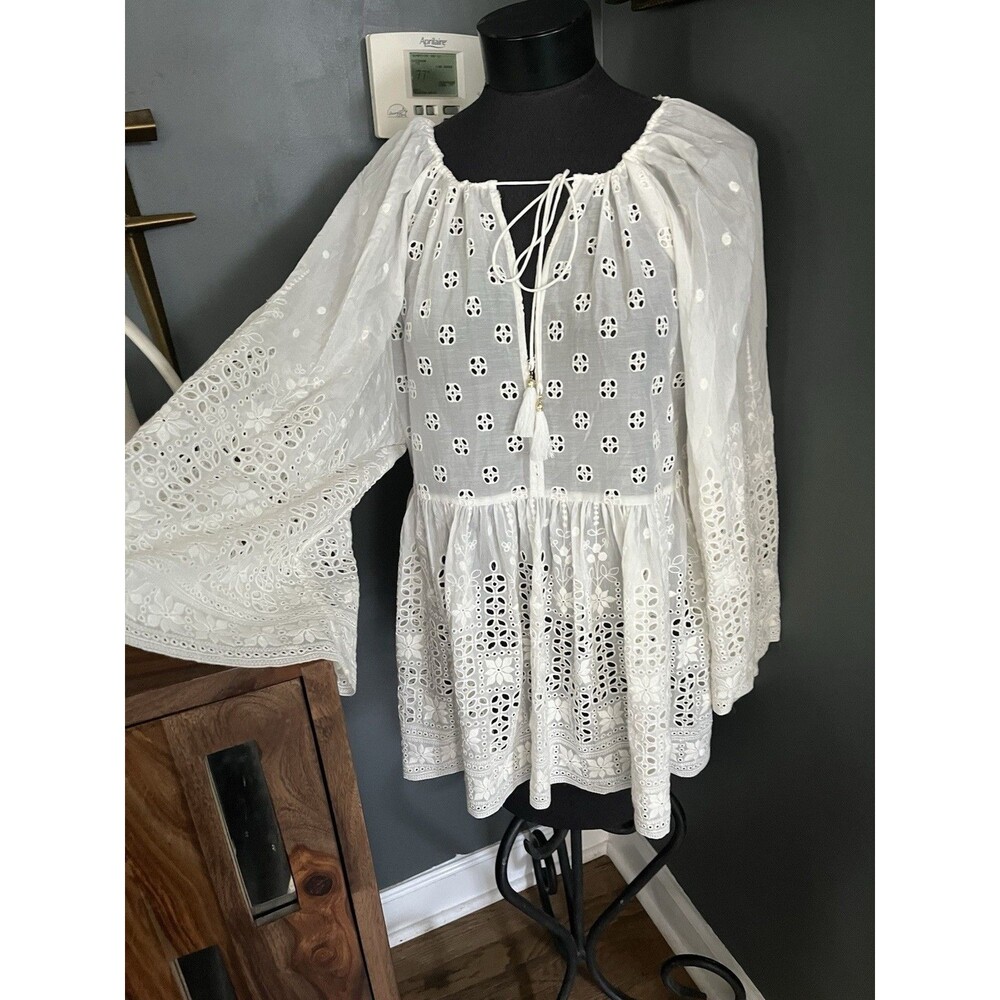 Zimmermann White Cotton Low Cut Lace Eyelet Ruffle Mini Dress Tassels Size 2